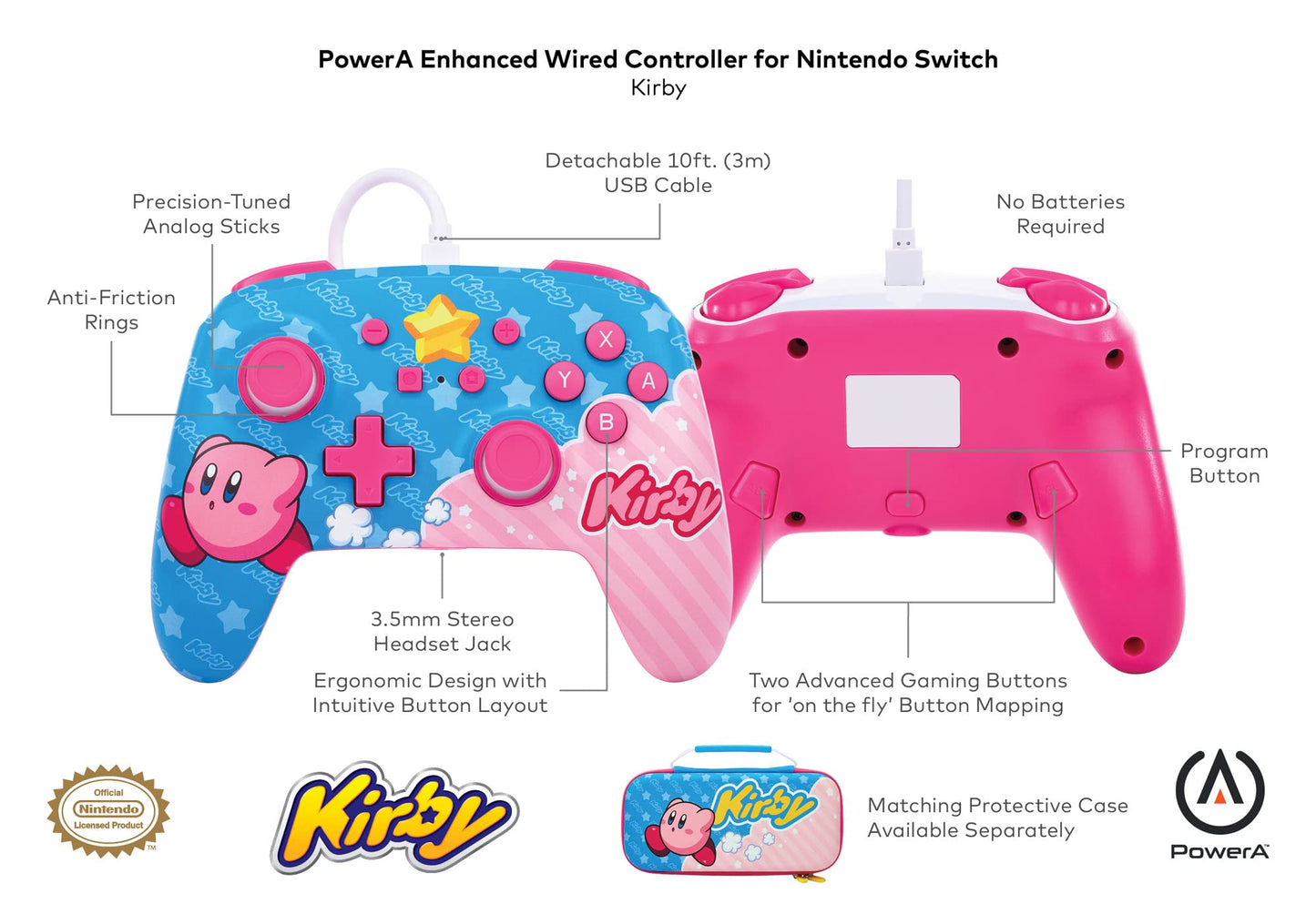 PowerA Enhanced Wired Gaming Controller for Nintendo Switch, Kirby Model, Pink/Blue Color, Officially Licensed