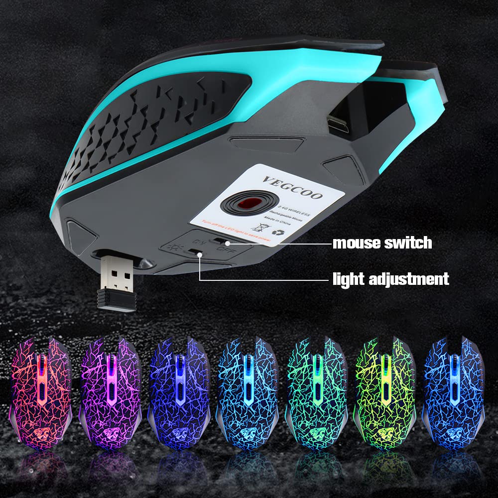 VEGCOO C10 Wireless Gaming Mouse - Rechargeable, Silent, 2400/1600/800 DPI, 7 Colors LED Lights, Black