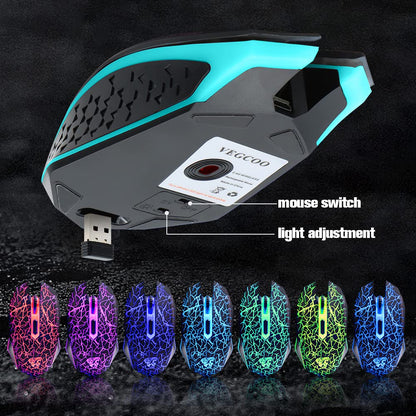 VEGCOO C10 Wireless Gaming Mouse - Rechargeable, Silent, 2400/1600/800 DPI, 7 Colors LED Lights, Black