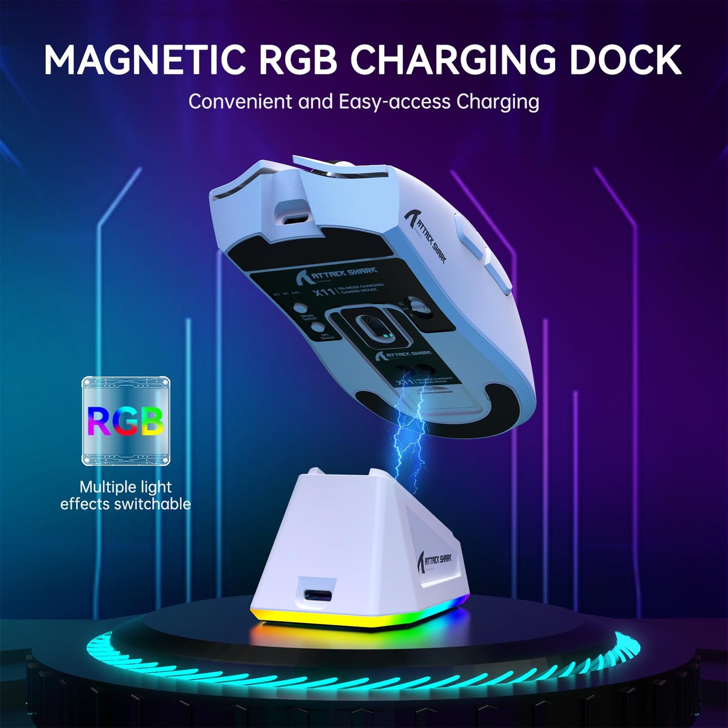 ATTACK SHARK X11 Wireless Gaming Mouse - RGB Dock, Tri-Mode, 22K DPI, 5 Buttons, White