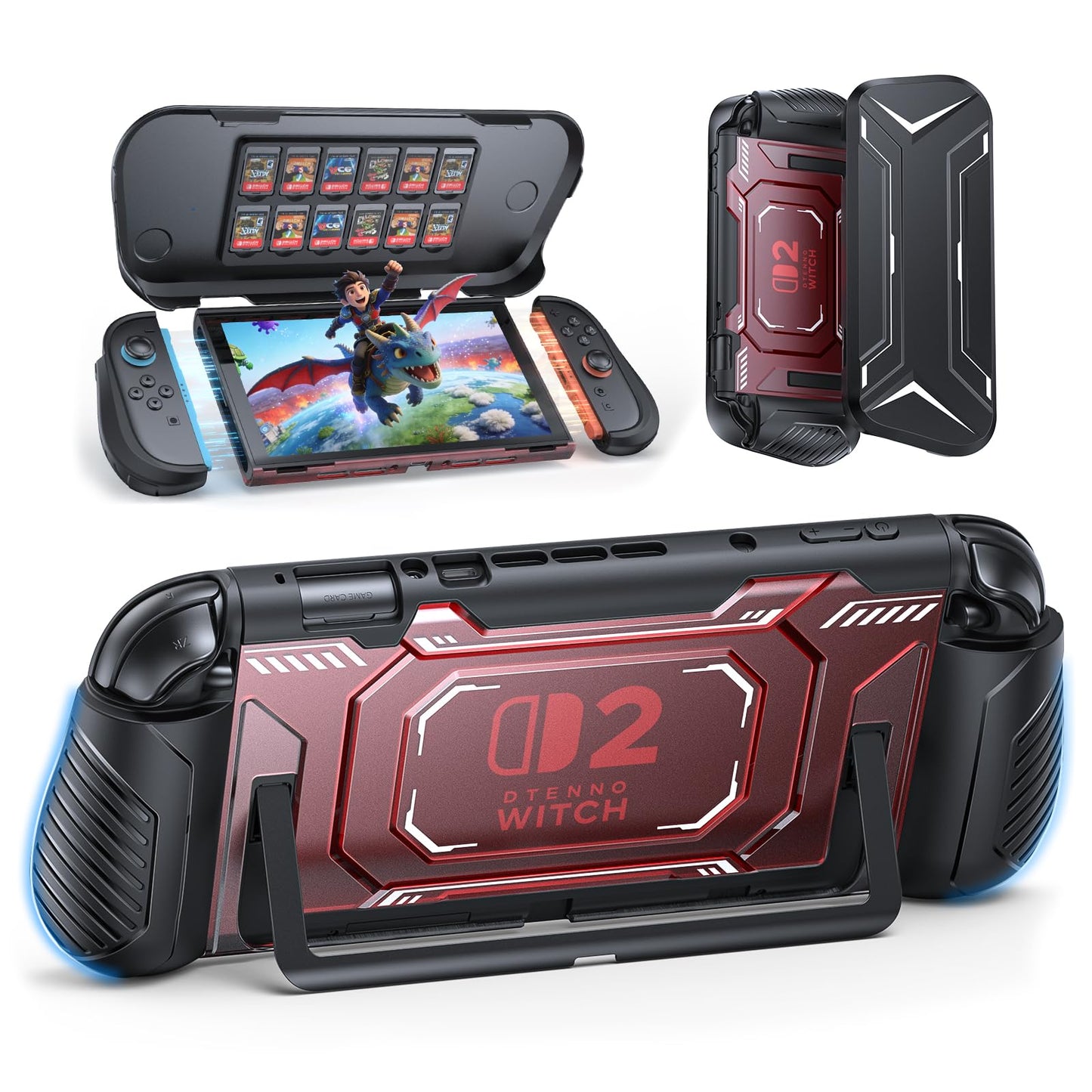 FASTSNAIL Switch 2 Protective Case  Switch 2 Cover with Dockable TPU Middle Frame  Non-Slip Ergonomic Grip for Joycon 2  Anti-Scratch PC Front Cover with 12 Game Card Slots for Game Boy Games - Red