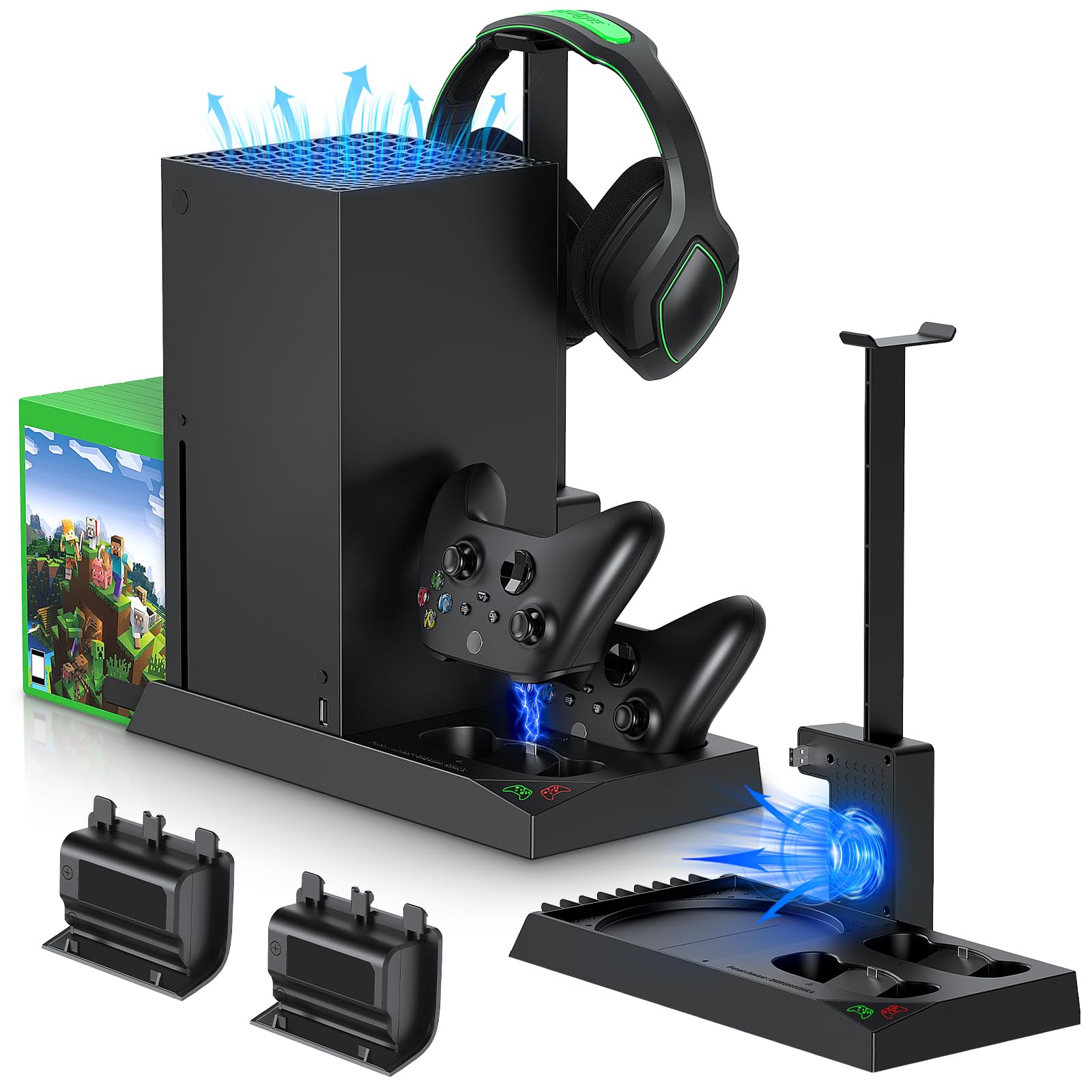 MENEEA Cooling Fan & Charging Stand for Xbox Series X Console and Controller Vertical Cooler System Dual Charger Station Dock Accessories Kit with 2 x 1400mAh Rechargeable Battery (Black)