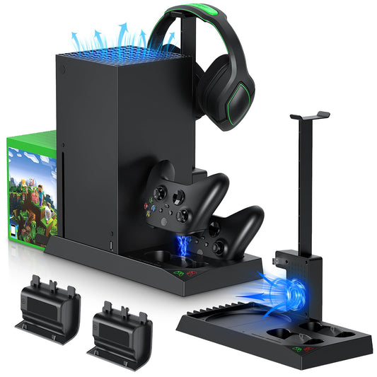 MENEEA Cooling Fan & Charging Stand for Xbox Series X Console and Controller Vertical Cooler System Dual Charger Station Dock Accessories Kit with 2 x 1400mAh Rechargeable Battery (Black)