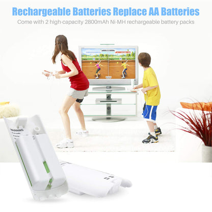 NATNO Rechargeable Battery Packs with Charger for Wii & Wii U - Dual Remote Dock + 2x 2800mAh Batteries + USB Cable