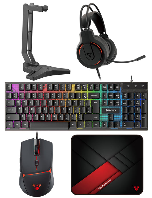 FANTECH P51S Gaming Keyboard and Mouse Combo  Gaming Headset and Headphone Stand Gaming Mouse Pad Wired RGB Rainbow Backlight PC Beginner Gamer Basic 5 in-1 Gaming Set