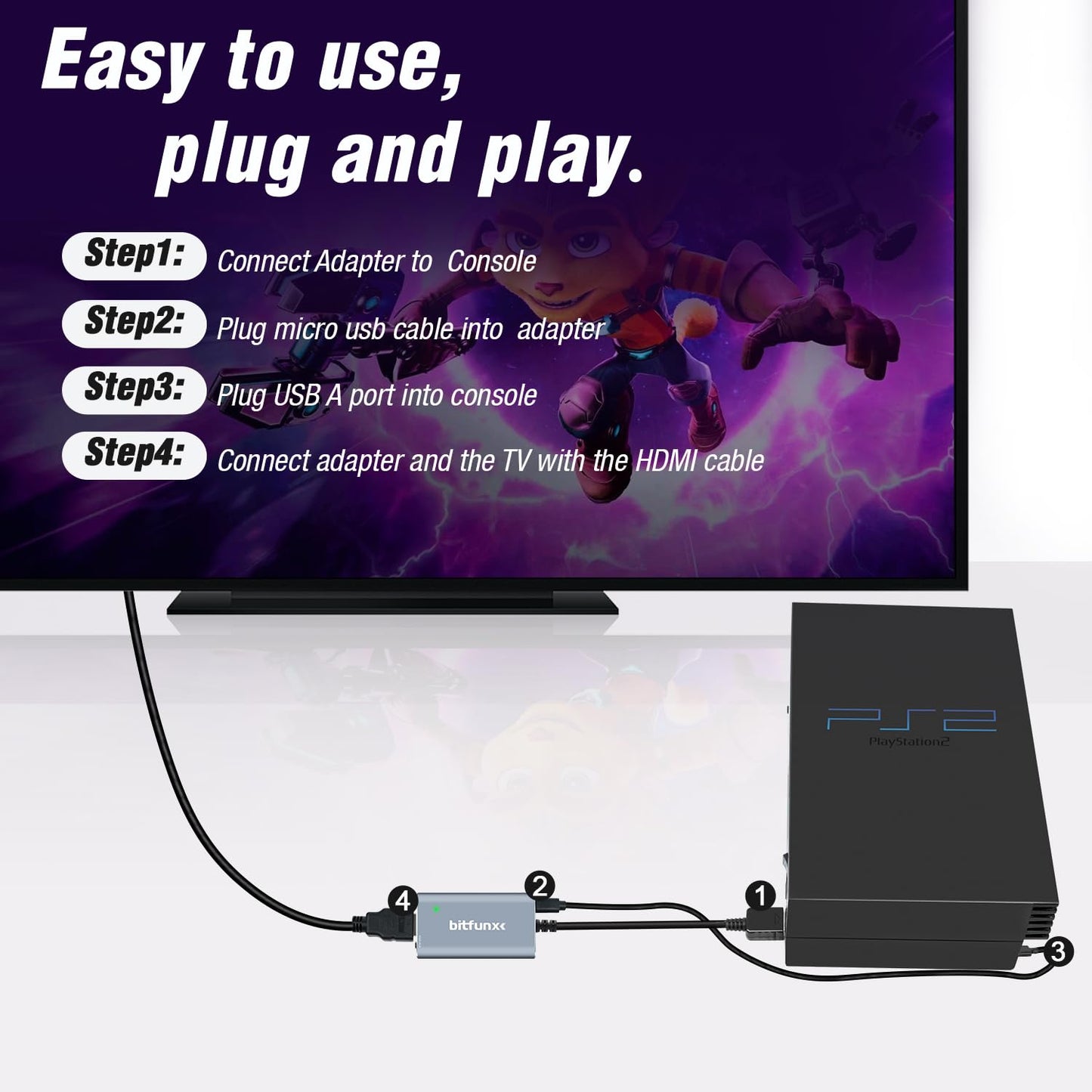 BITFUNX PS2 HDMI Adapter - RGB/Component to HDMI, Plug & Play, No Lag, Model PS2-HDMI-Adapter, Grey