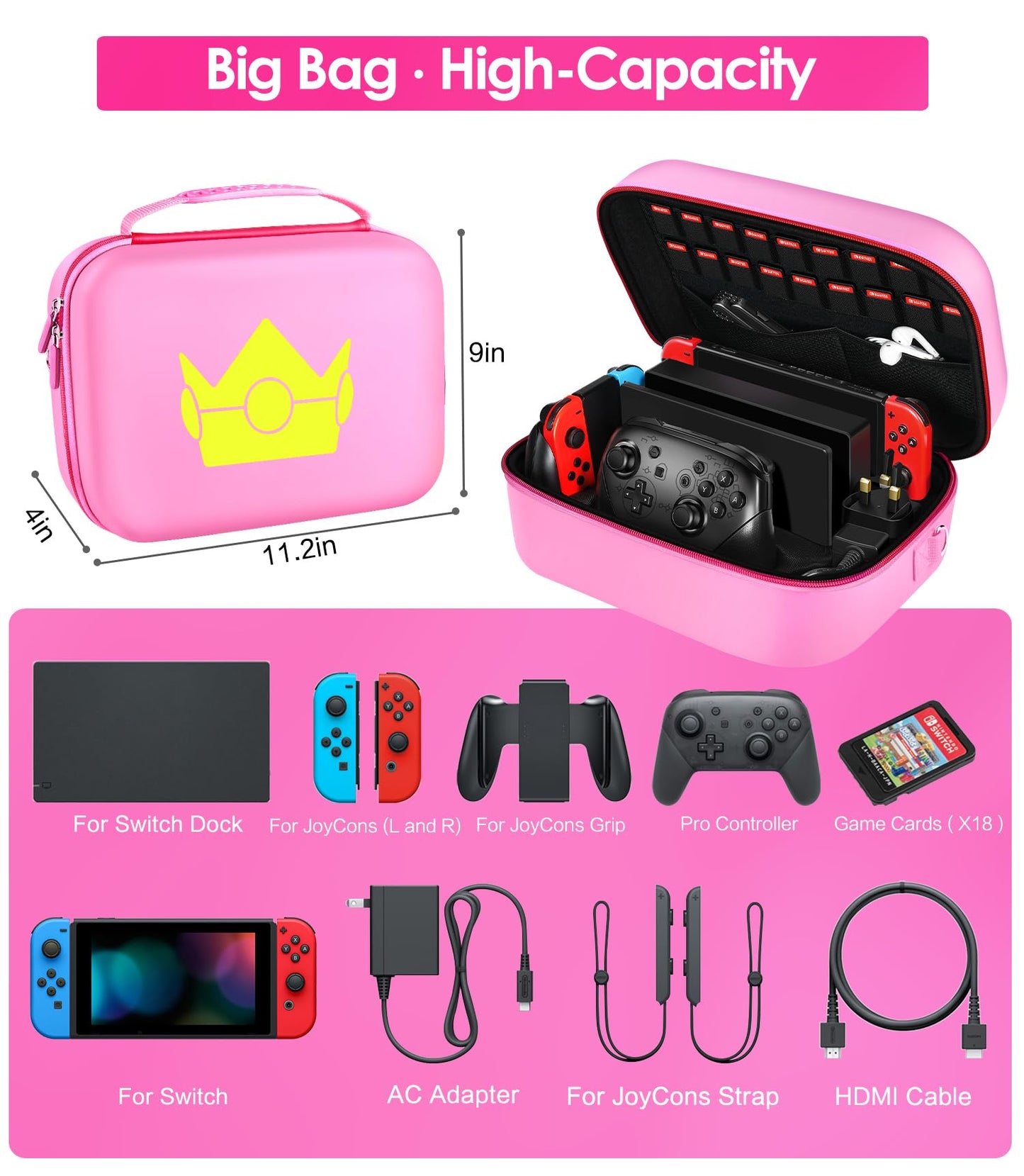 ivoler Carrying Case for Nintendo Switch/OLED, Hard Messenger Bag, Pink, Fits Console & 18 Games