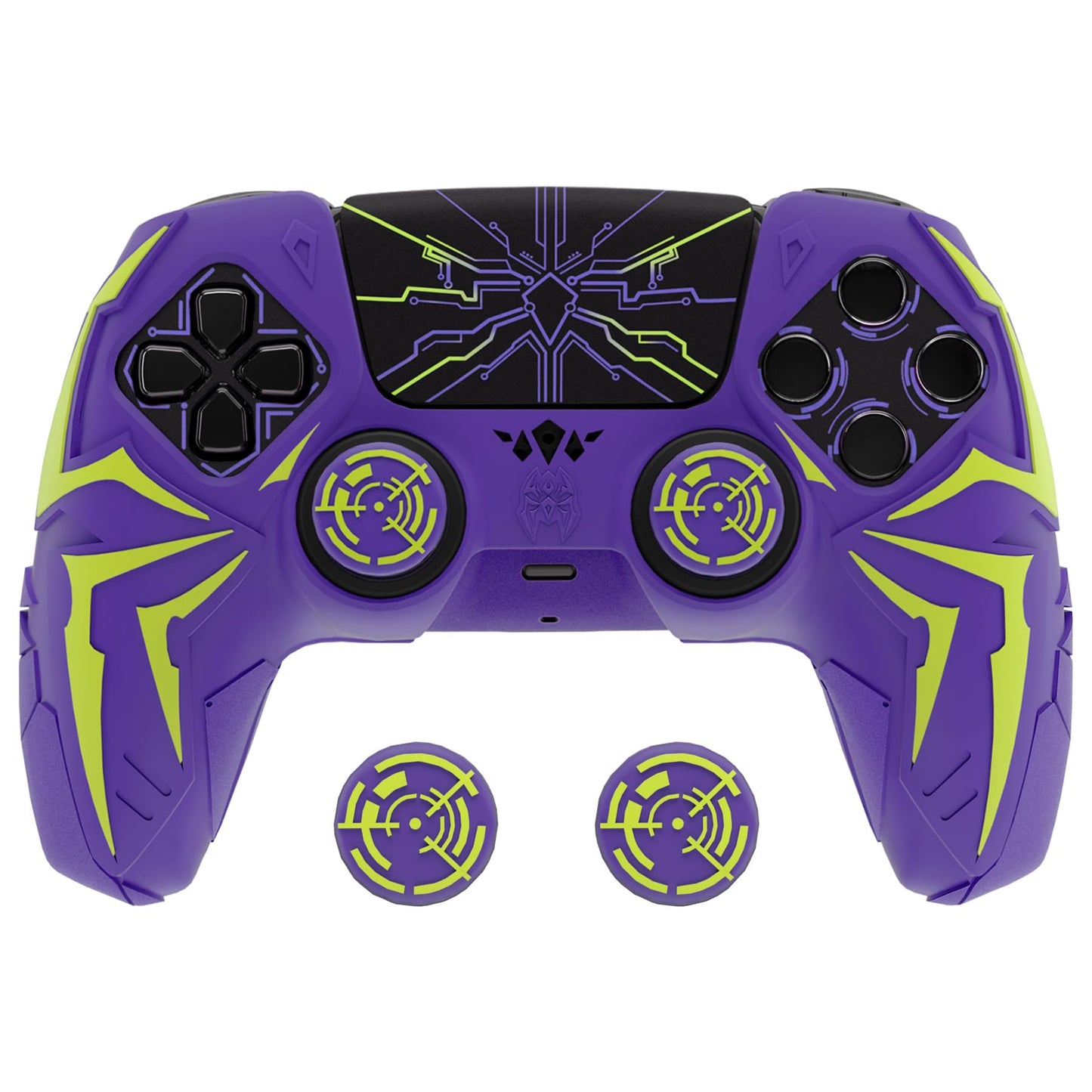 PlayVital Design for ps5 Controller Silicone Case with 2 Thumb Grips and 6 Sticker  Cyber Spider Design  Slip-Resistant Shockproof Controller Cover Skin  Fits for Charging Dock  Purple & Green