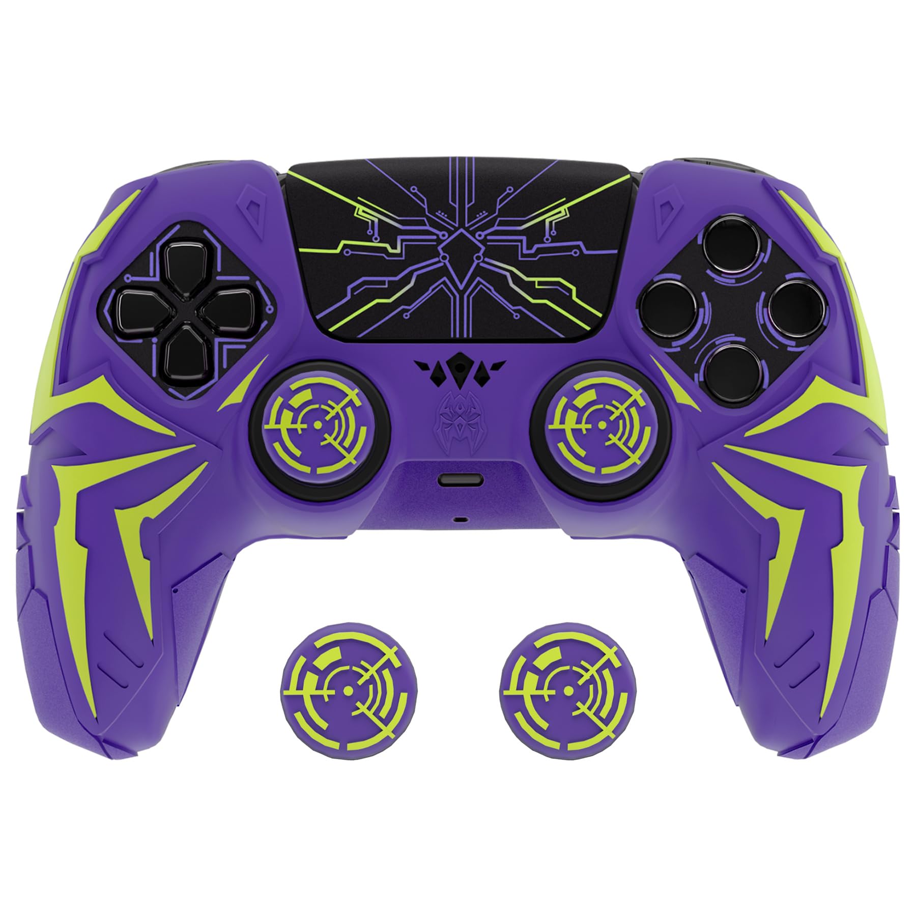 PlayVital Design for ps5 Controller Silicone Case with 2 Thumb Grips and 6 Sticker  Cyber Spider Design  Slip-Resistant Shockproof Controller Cover Skin  Fits for Charging Dock  Purple & Green