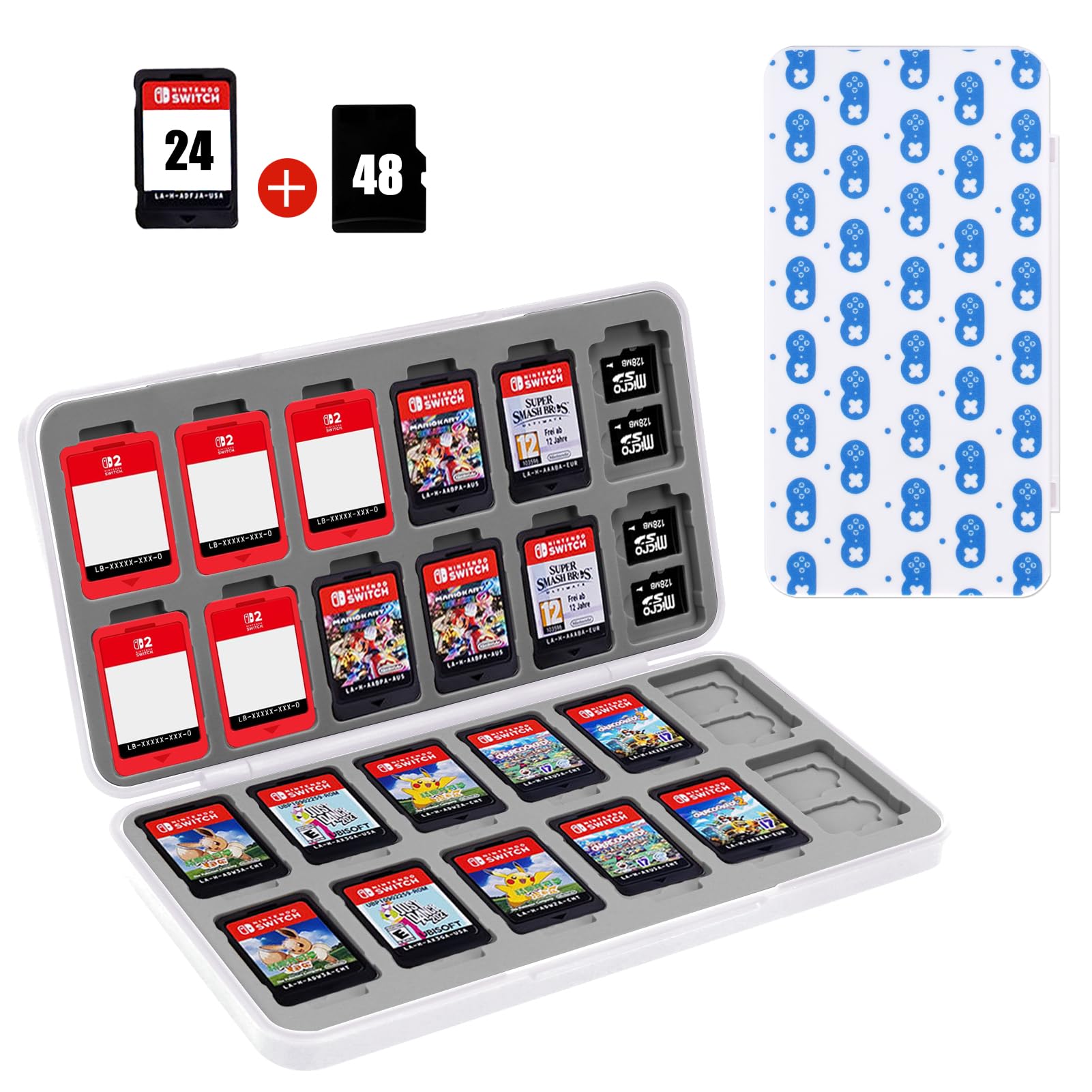 FYY Nintendo Switch Game Case Holder for Switch 2 Cartridge Case with 24 Game Card Slots & 48 Micro SD Card Slots  Hard Shell  Silicone Lining White Gamepad Dot Pattern