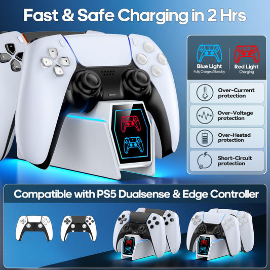 Tokluck PS5 Controller Charger Station - Dual Charging Dock, LED Indicators, White