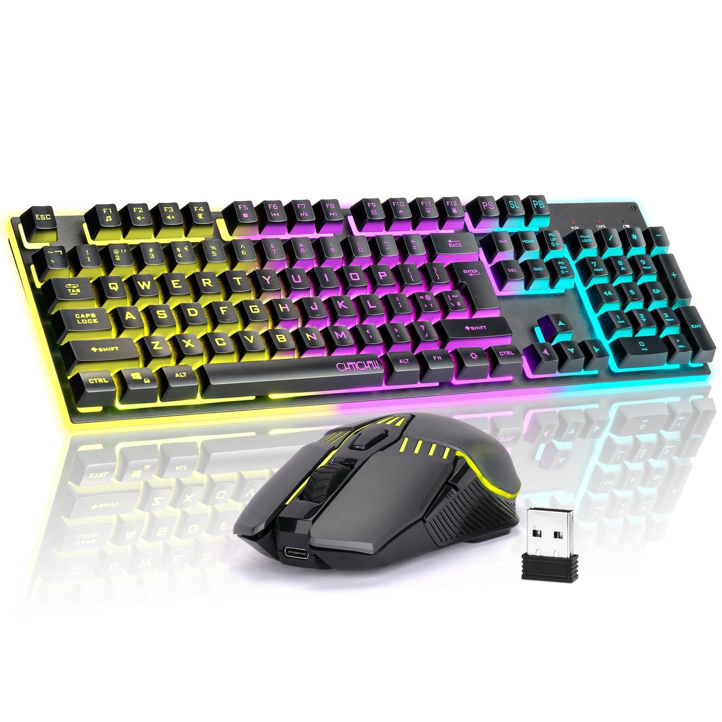 Gaming Wireless Keyboard and Mouse, Rechargeable RGB Backlit, Metal Panel, Mechanical Feel Anti-ghosting Keyboard with Side Butt