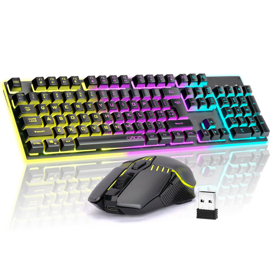 Gaming Wireless Keyboard and Mouse, Rechargeable RGB Backlit, Metal Panel, Mechanical Feel Anti-ghosting Keyboard with Side Butt