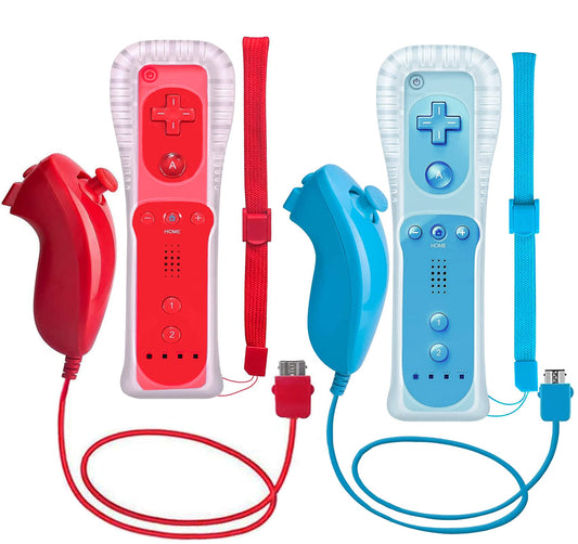 ZeroStory Wireless Controller & Nunchuck for Wii/Wii U - Red & Blue, Model FG02-13, with Silicone Case & Wrist Strap, 2 Packs