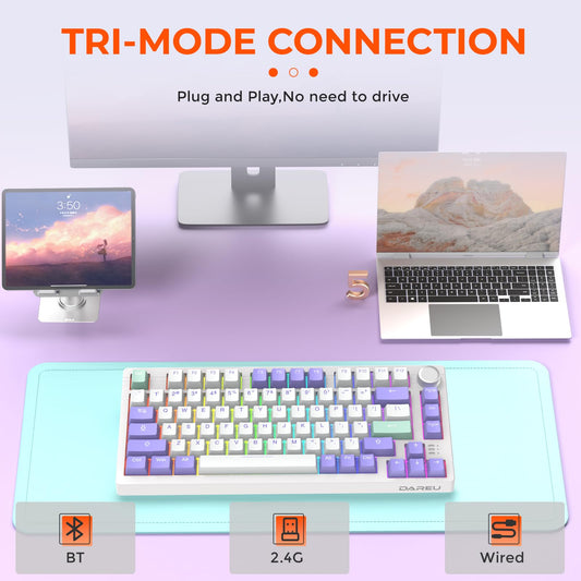 DAREU EK75PRO Wireless Gaming Keyboard - 75% RGB, Hot-Swappable, Mystic Violet, 81 Keys, HIFI Dream Switch, Gasket Mount, USB-C/BT5