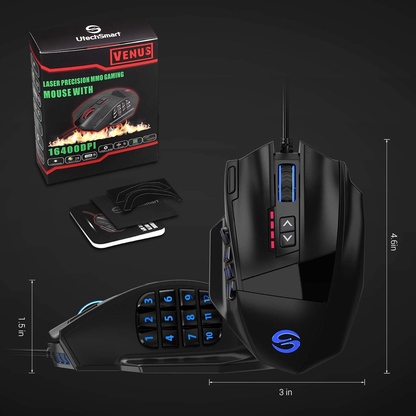 UtechSmart Venus RGB Wired Gaming Mouse, 16400 DPI Precision, Black, Model DS-2535, Programmable MMO Design
