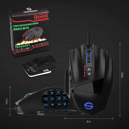 UtechSmart Venus RGB Wired Gaming Mouse, 16400 DPI Precision, Black, Model DS-2535, Programmable MMO Design