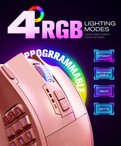 UtechSmart Venus Pro Wireless MMO Gaming Mouse, 16,000 DPI, Ergonomic, Pink, Model US-D16000-WGM, Dual Modes, 16 Programmable Buttons