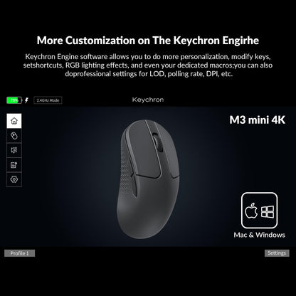 Keychron M3 Mini Wireless Optical Mouse - 55g, 26,000 DPI, Bluetooth 5.1, 2.4GHz, Black