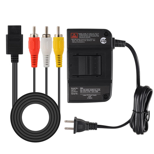 CUENSTOP N64 Power Supply  AC Power Cord and AV Cable for Nintendo 64  N64 Power Adapter and AV Cable Set to External TV Screen Monitor