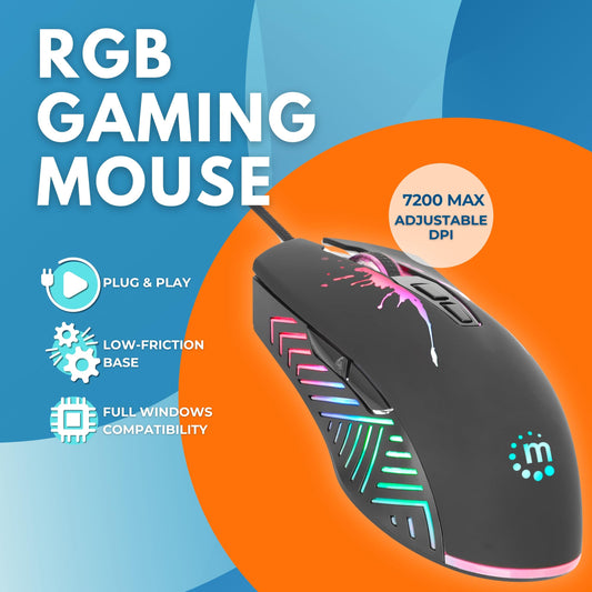 MANHATTAN RGB LED Wired Optical Gaming Mouse - 7200 DPI, Ergonomic, 7 Buttons, Black, Model 190121