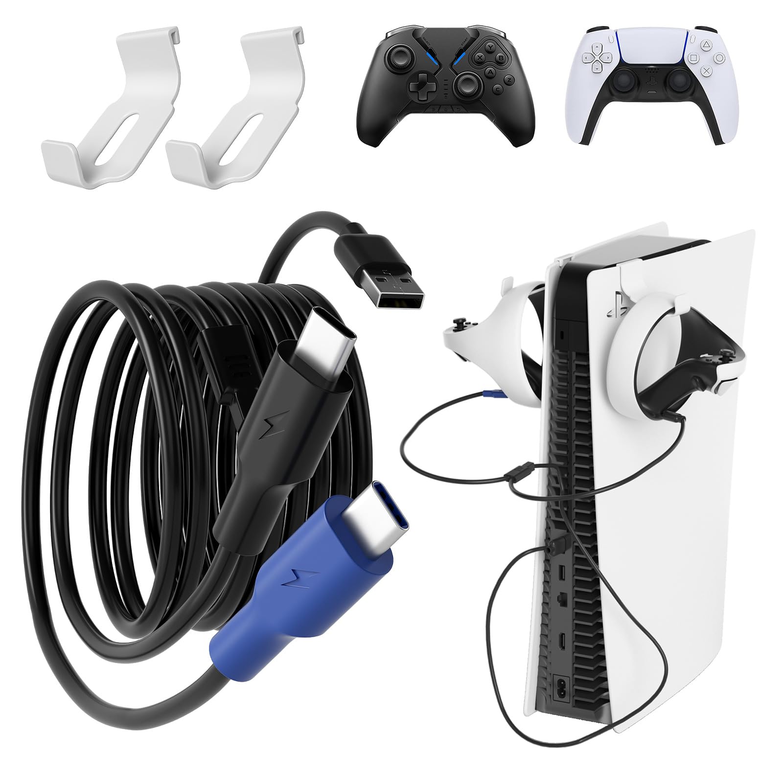 USB C Charger Cable and Storage Hooks Compatible with PS5 Controller  4ft 2-in-1 Charging Cable Charger Cord Compatible with Playstation 5  PSVR2  and Xbox Series X/S Controller USB C Powered Devices