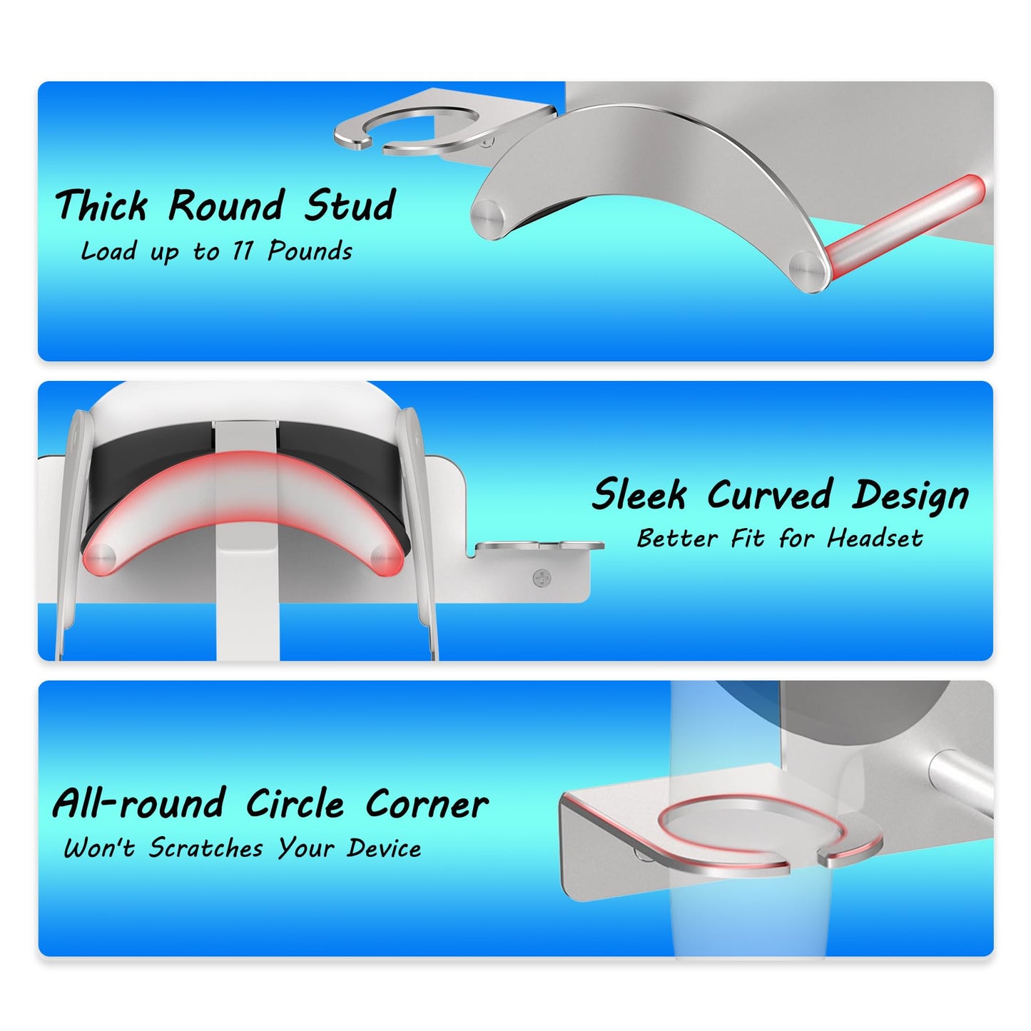 ZHGM VR Wall Mount for Meta Oculus Quest 3/2/Pro/Rift-S - Silver Aluminum Holder, Space-Saving Design, Model YQS3-1