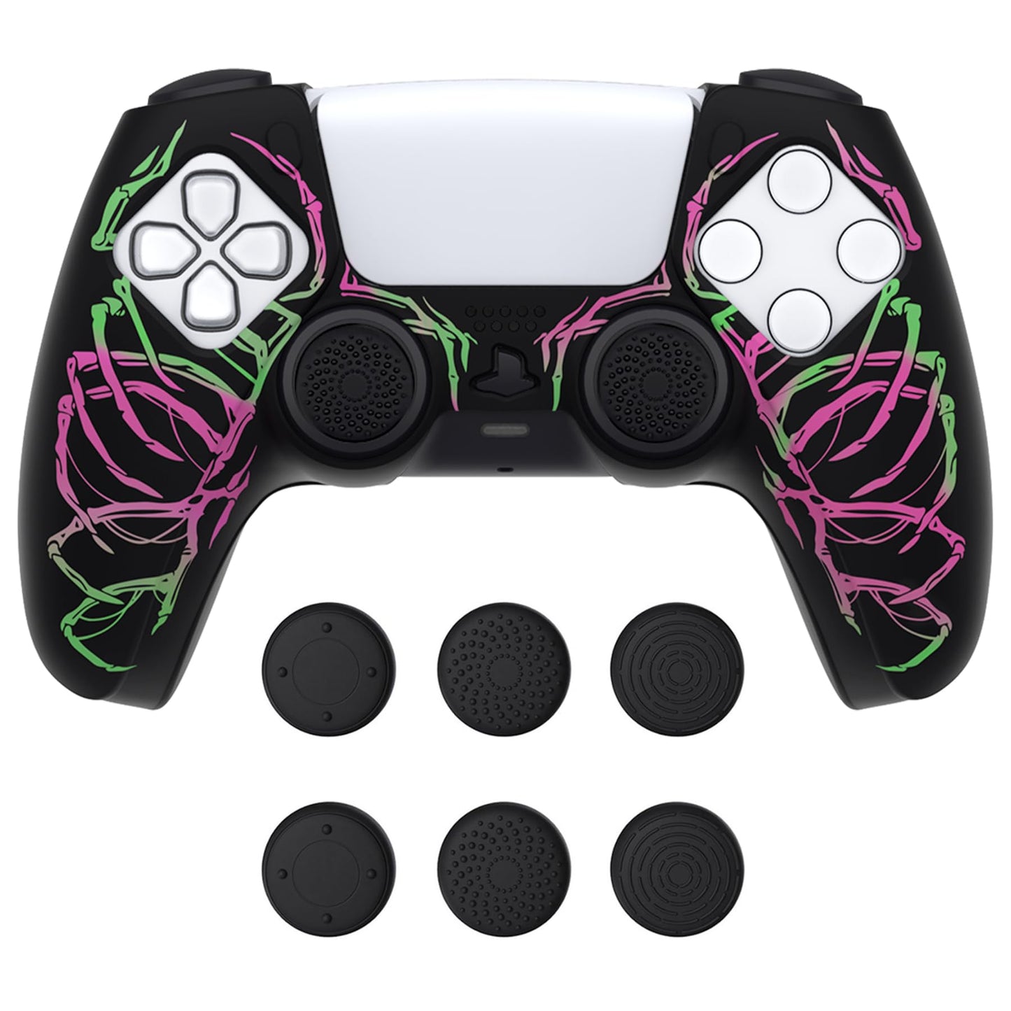 PlayVital Pure Series Dockable Model Anti-Slip Silicone Cover for ps5 Controller  Soft Rubber Grip Case for ps5 Controller Fits with Charging Station with Thumb Grips - Carving Skull Pink & Green
