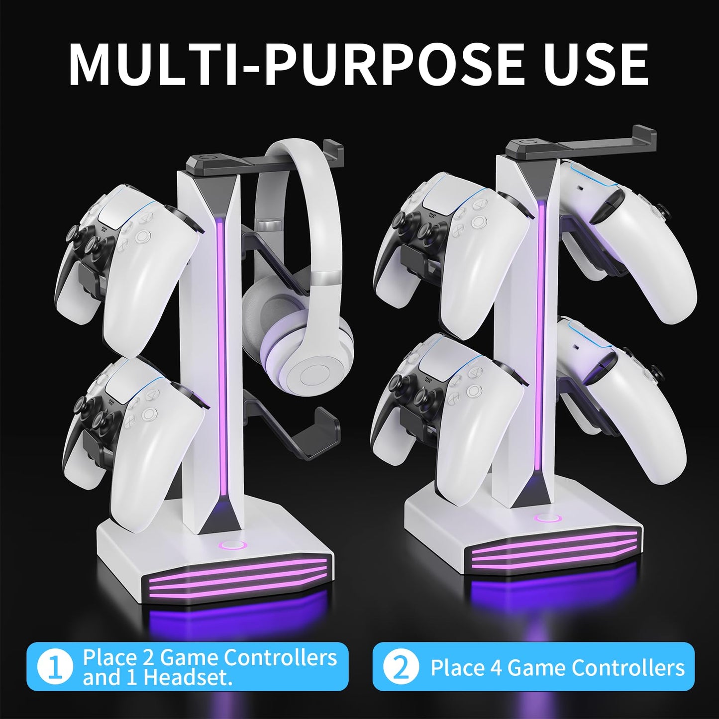 Meiboshin RGB Headphone Stand - Desk Gaming Headset Holder with USB & Type-C Ports, Rotatable, White, Model MBX-J101D