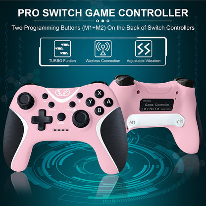 BRHE Wireless Switch Controller - Pink Pro Gamepad for Nintendo Switch/Lite/OLED/PC with Vibration, Turbo & Programmable Features