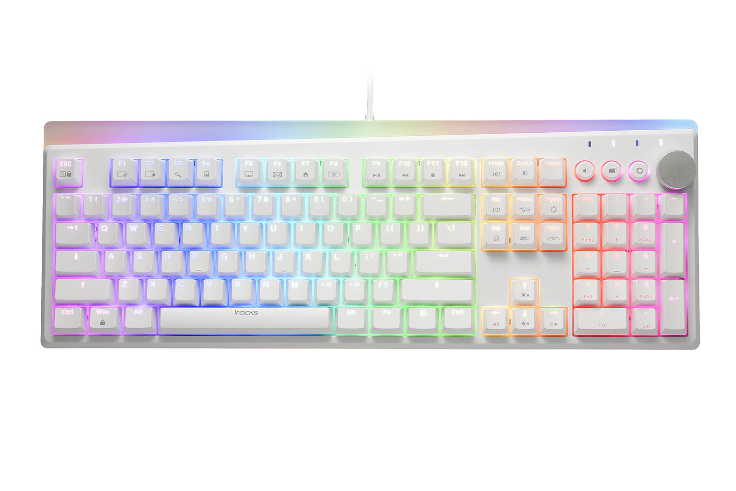 i-rocks K71M RGB Mechanical Gaming Keyboard with Media Control Knob  Gateron Switches (Red)  107 Keys w/Full NKRO  PBT Keycaps  Multimedia Hotkeys  Detachable USB-C Cable and Onboard Storage  White