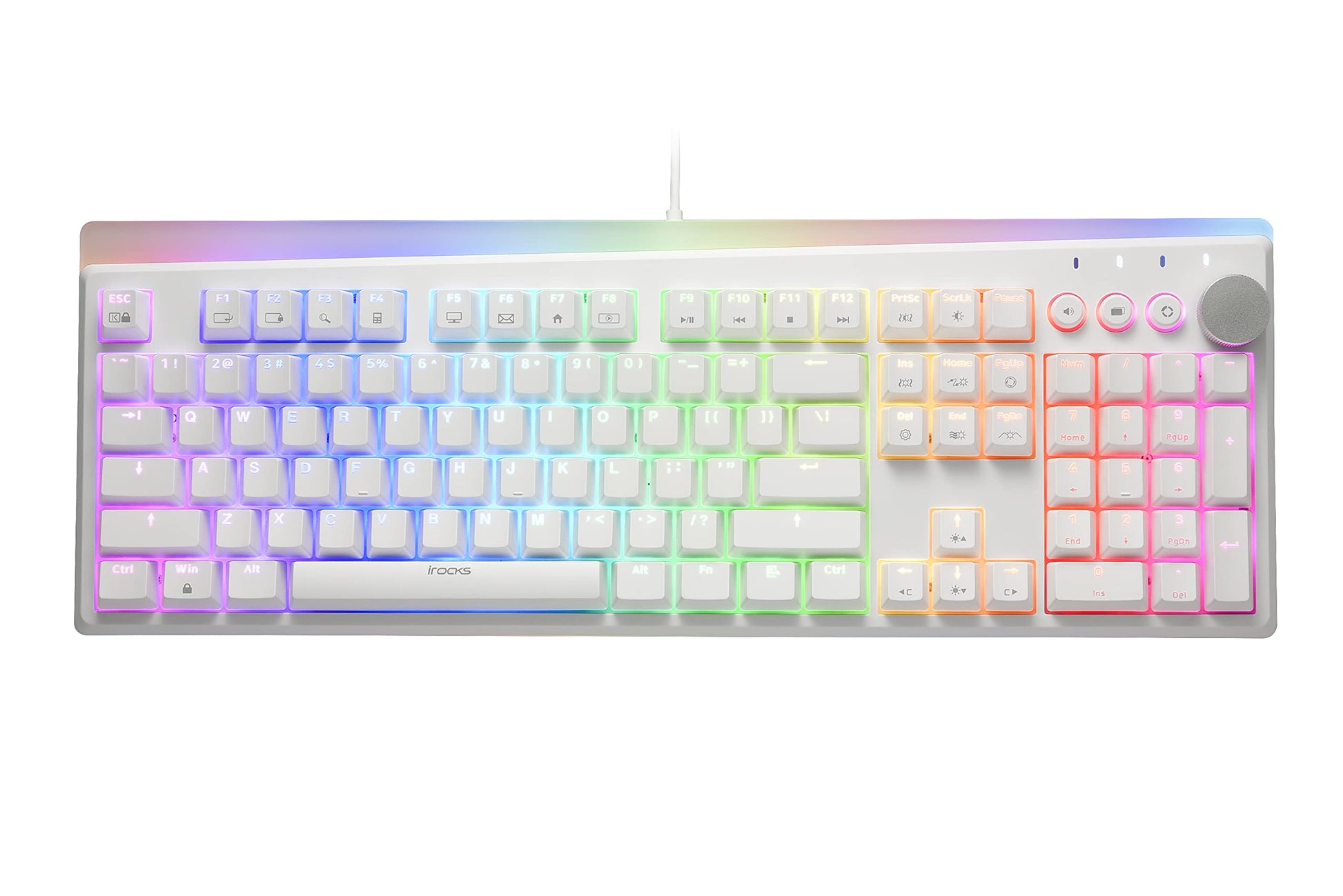 i-rocks K71M RGB Mechanical Gaming Keyboard with Media Control Knob  Blue Switches  107 Keys w/Full NKRO  PBT Keycaps  Multimedia Hotkeys  Detachable USB-C Cable and Onboard Storage  White