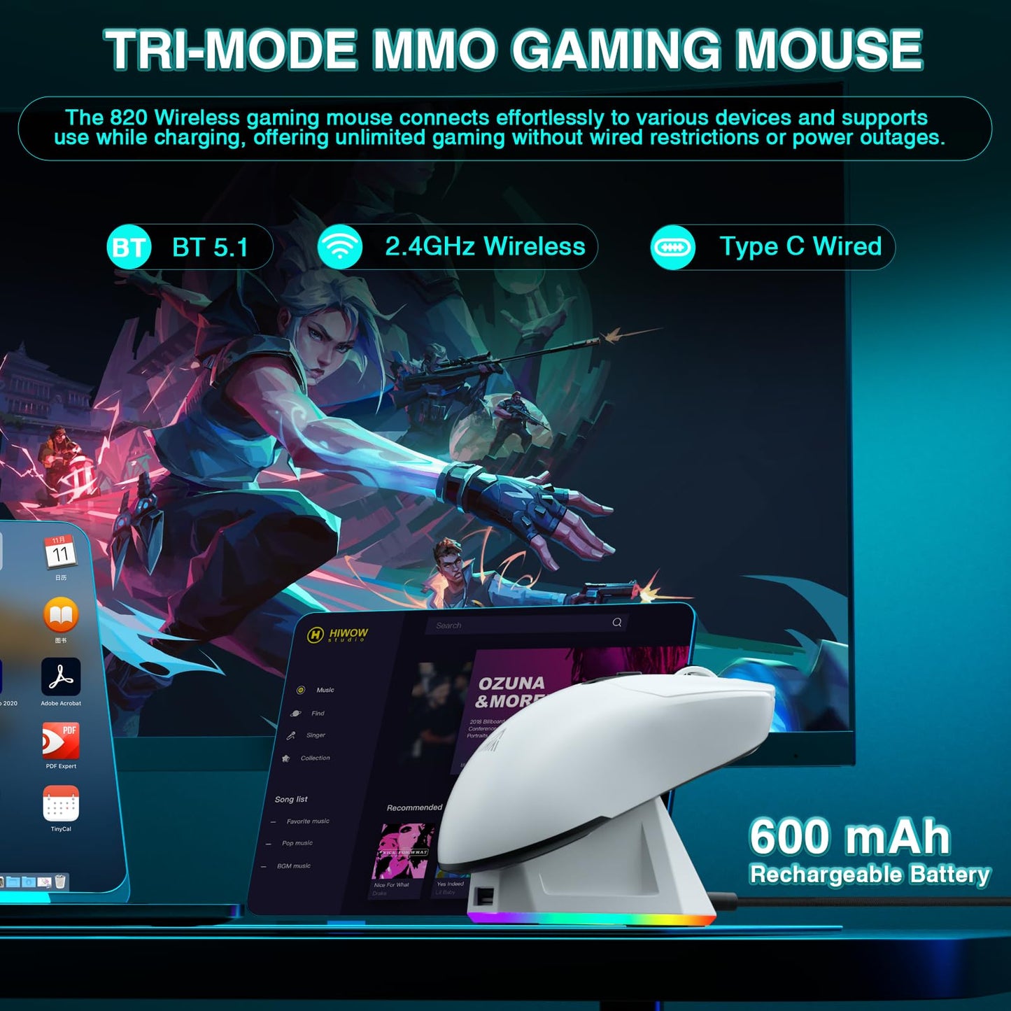 SOLAKAKA SM820 Wireless Gaming Mouse - 24000 DPI, RGB Charging Dock, Programmable Macro, White