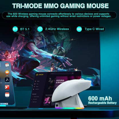 SOLAKAKA SM820 Wireless Gaming Mouse - 24000 DPI, RGB Charging Dock, Programmable Macro, White