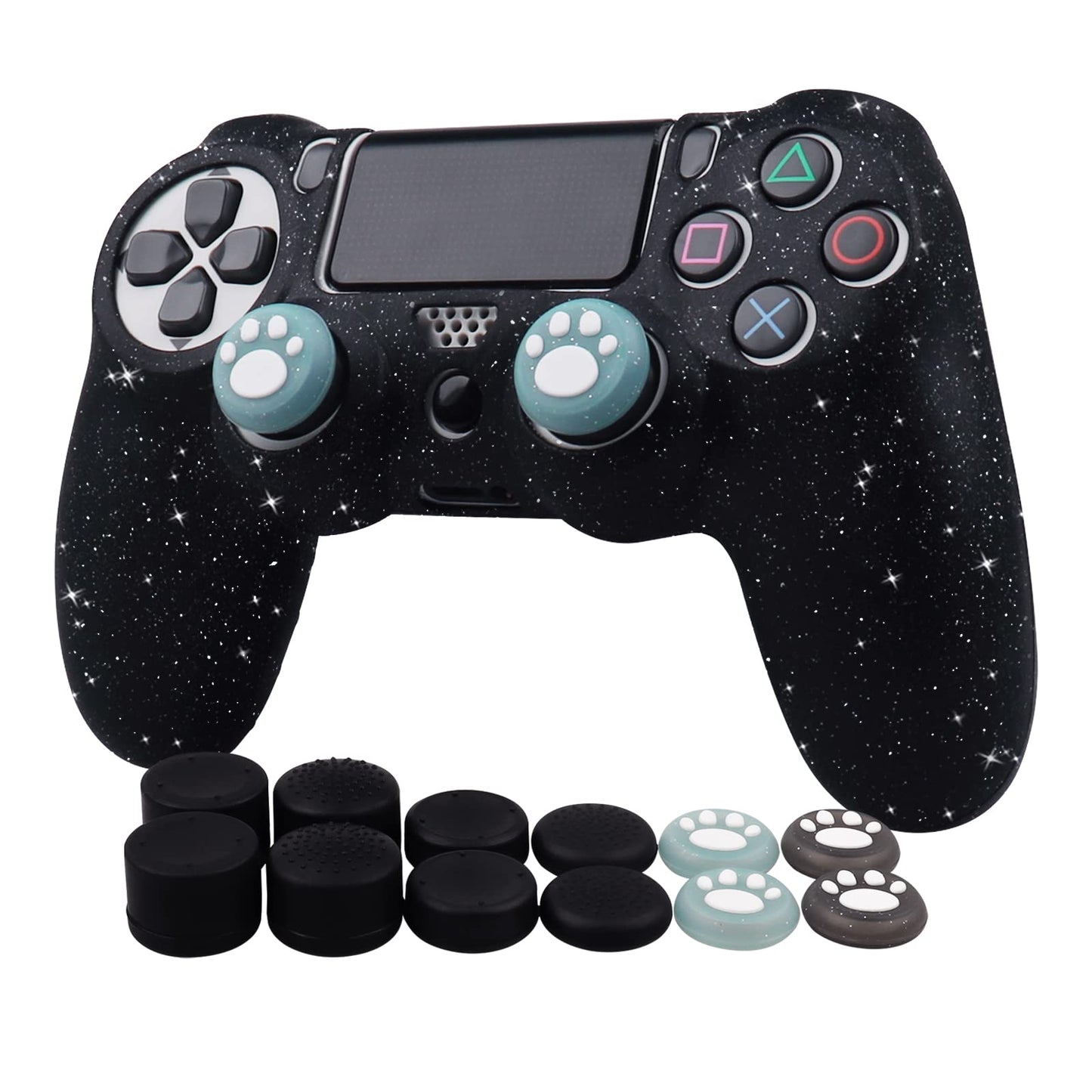 Ralan Controller Skin for PS4 Slim/Pro - Glitter Anti-Slip Silicone Cover - Compatible with PS4 Wireless/Wired Gamepad - 4 Cat Paw Thumb Grip Caps & Black Pro Thumb Grip x 8