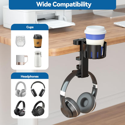 KDD 2 in 1 Headphone Hanger with Desk Cup Holder, Rotatable Under Desk Clamp, Black, Model 790-FUTI