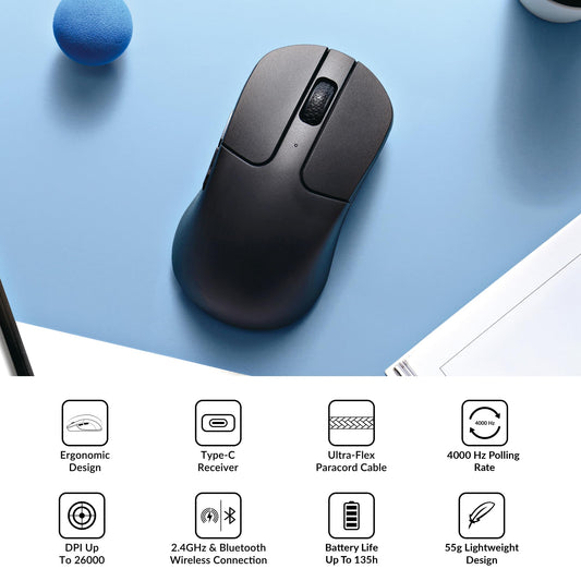 Keychron M3 Mini Wireless Optical Mouse - 55g, 26,000 DPI, Bluetooth 5.1, 2.4GHz, Black