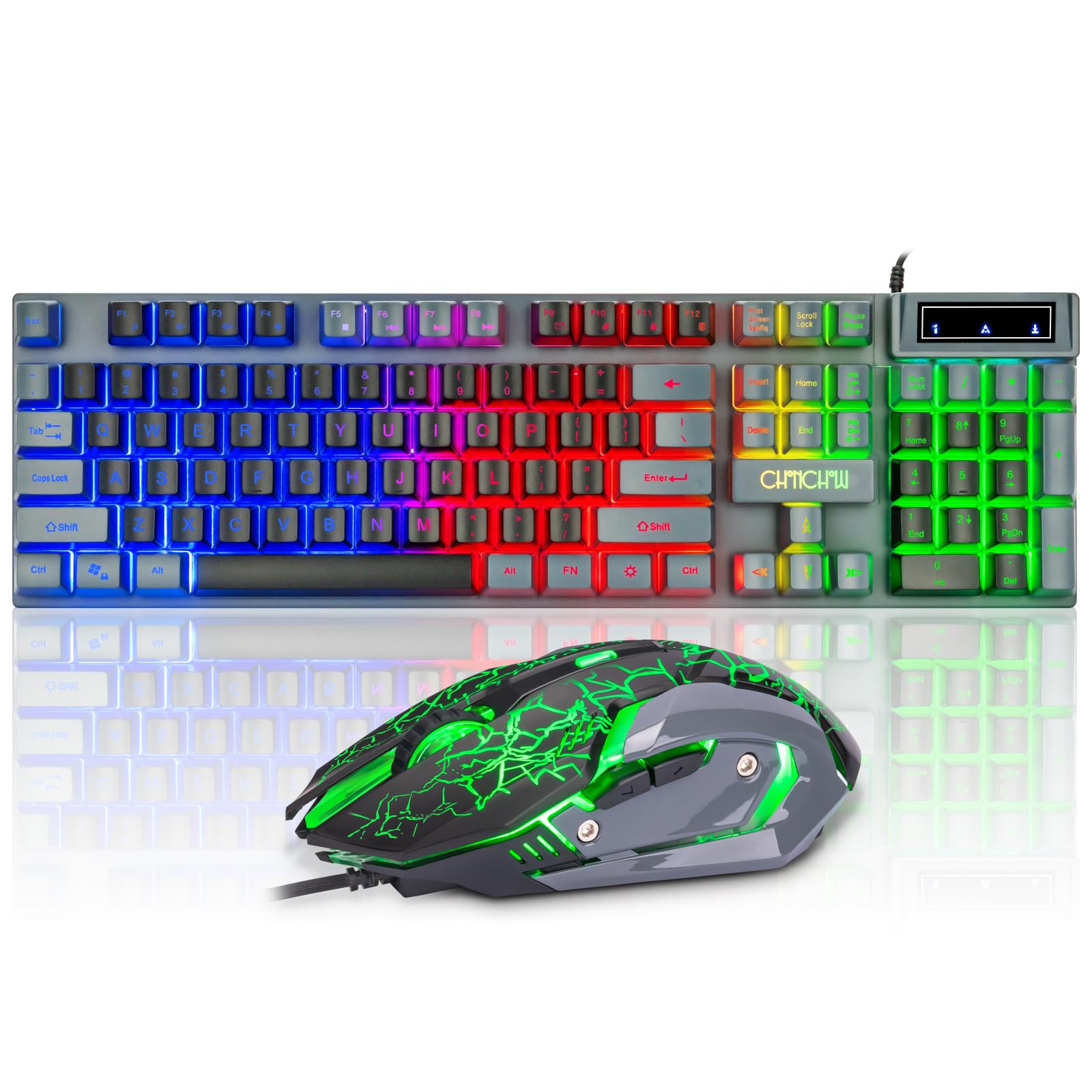 CHONCHOW Gaming Keyboard and Mouse Combo, RGB LED Backlit, USB Wired, 3200 DPI, Mechanical Feel, Grey-Black