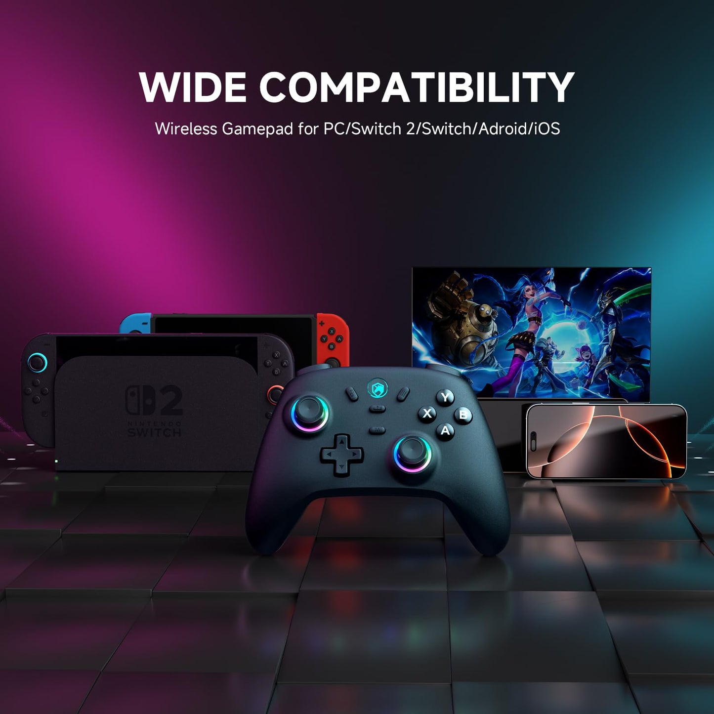 ECHTPower Wireless Gaming Controller - Hall Effect Joystick, 2.4G/Wired, 1000Hz, 800mAh Battery, Black, Model EP01BK