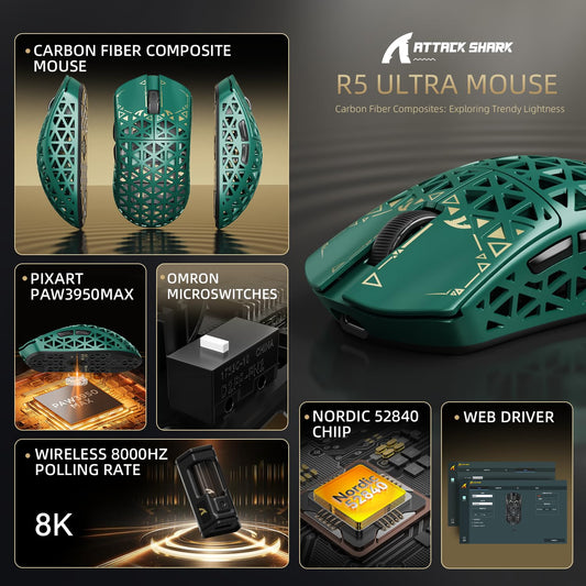 ATTACK SHARK R5 Ultra Wireless Gaming Mouse, 39g Superlight, 8K Polling, 42K DPI, Tri-Mode, Coiled Cable, Green
