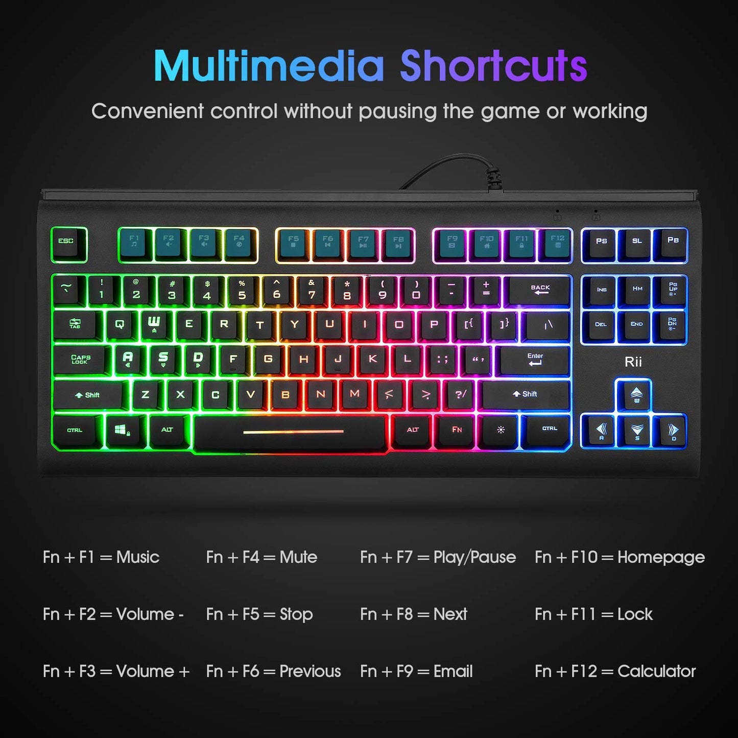 Rii Wired USB RGB Backlit Keyboard - Compact, Silent Keystroke, Black, Model RK104 for Home Office & Gaming