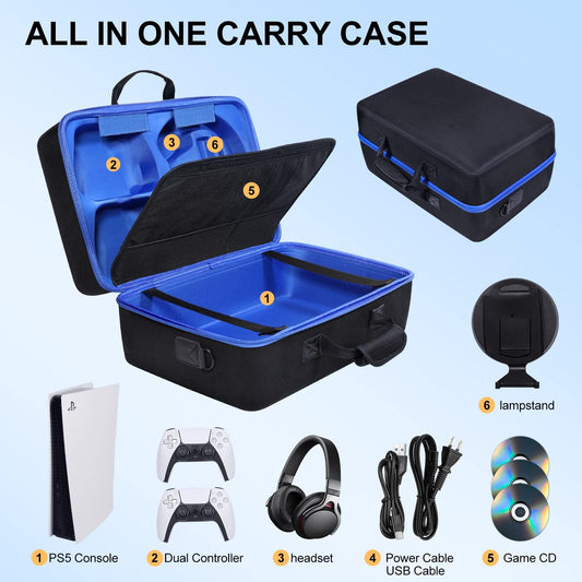 ZORETCO Hard Shell Carrying Case for PS5 - Black Blue, Travel Case for Console & Controllers, Model ZPS