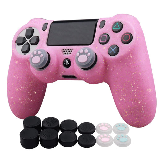 Ralan Controller Skin for PS4 Slim/Pro - Glitter Anti-Slip Silicone Cover with 4 Cat Paw Thumb Grip Caps & Black Pro Thumb Grip x 8