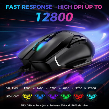AULA F815 Gaming Mouse, 12800 DPI RGB, 6 Programmable Buttons, Universal Size, Black
