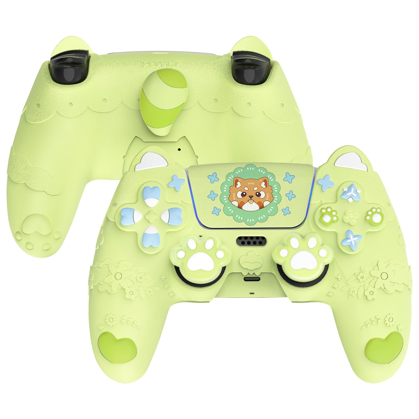 PlayVital for PS5 Controller Skin Cover - Cute Spring Lesser Panda Silicone Case for PS5 Controller with Thumbstick Caps & Sticker - Full Protection  Charging Dock Compatible - Eustoma Green