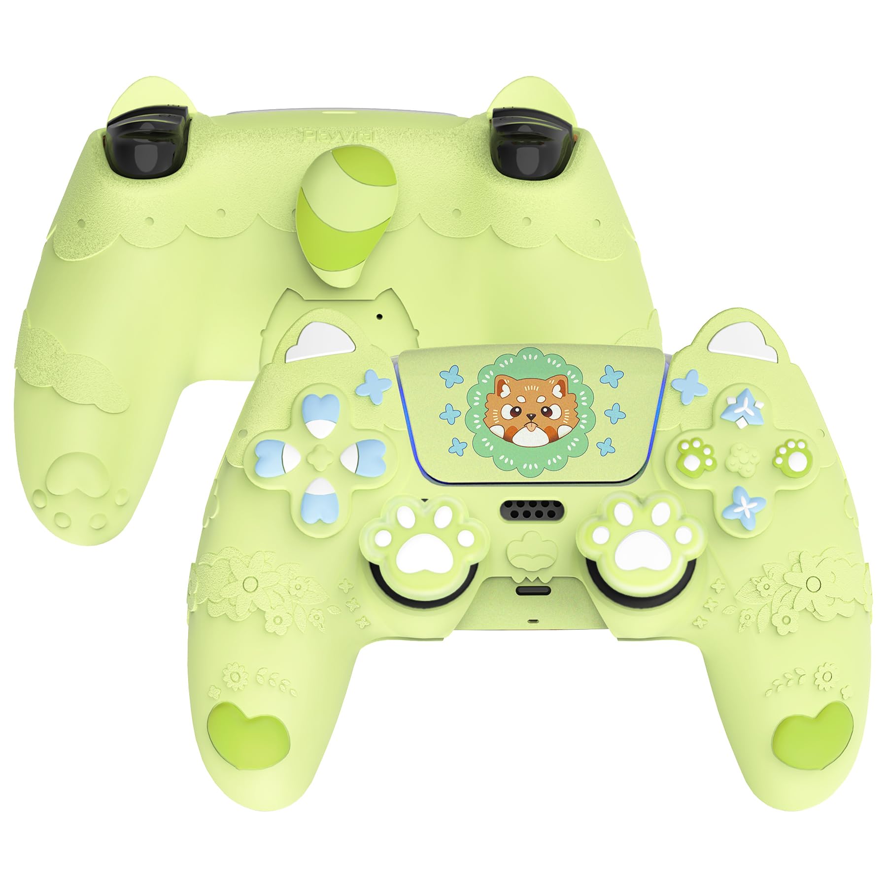 PlayVital for PS5 Controller Skin Cover - Cute Spring Lesser Panda Silicone Case for PS5 Controller with Thumbstick Caps & Sticker - Full Protection  Charging Dock Compatible - Eustoma Green