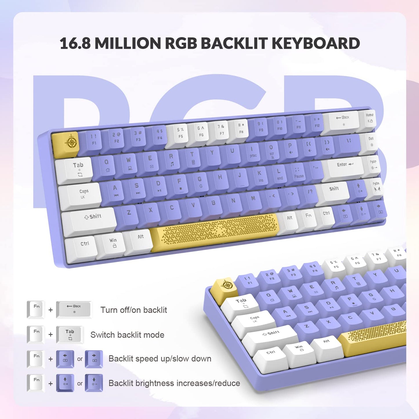 Yindiao T8 60% Mechanical Gaming Keyboard, 68 Keys TKL, Chroma RGB Backlit, Blue Switch, Purple, Wired for PC, Mac, PS4, Xbox