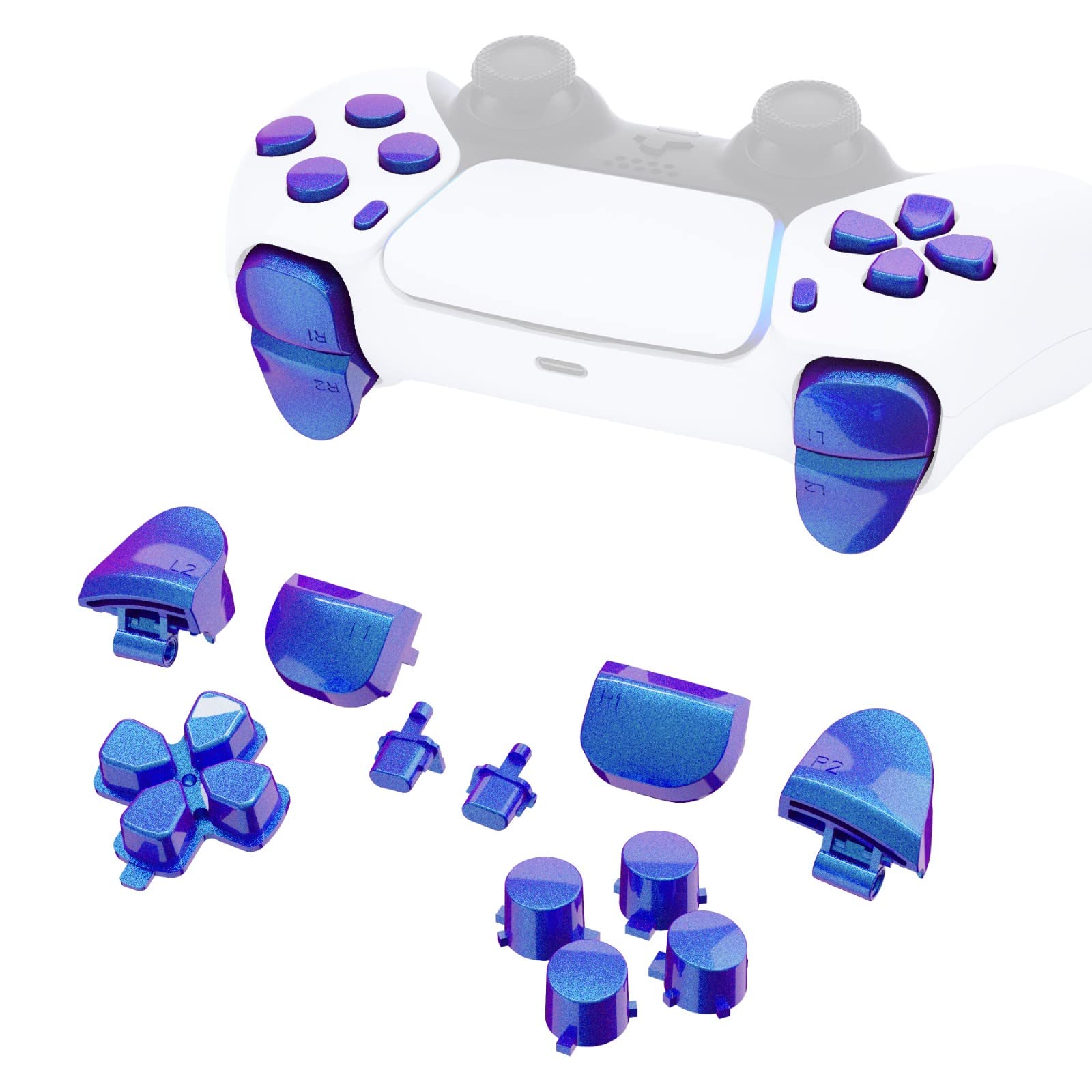 eXtremeRate Replacement D-pad R1 L1 R2 L2 control buttons Share Options Face Buttons  Chameleon Purple Blue Full Set Buttons Compatible with ps5 Controller BDM-010 & BDM-020