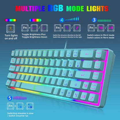 Snpurdiri RGB Compact 60% Membrane Gaming Keyboard, Blue, Lightweight 68 Keys, Strong Mechanical Feel for PC/Mac, Travel-Friendly