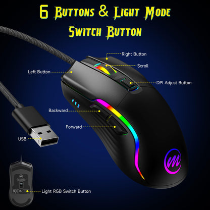 memzuoix Wired Gaming Mouse - 12800 DPI, RGB Lighting, Ergonomic Design, 6 Buttons, Black, C899